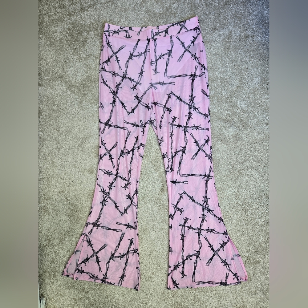 Killstar Sheer Pink Barbed Wire Flare Pants Sz XL